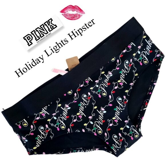 PINK Victoria's Secret Holiday Lights Script Christmas Hipster Panty Black Multi - Picture 1 of 7